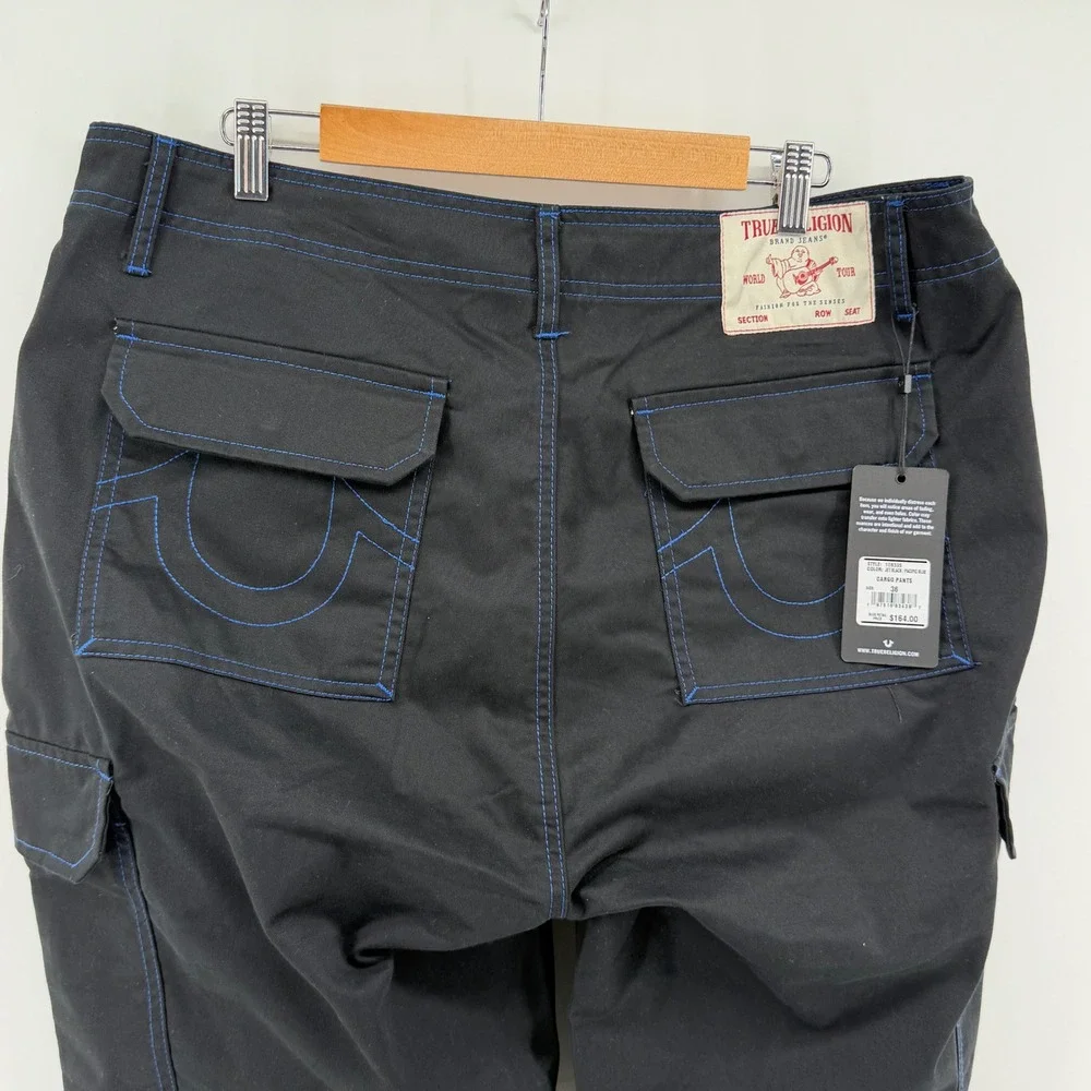 True Religion Mens Cargo Pants 36x32 Black Pacific Blue Contrast Stitch 108335